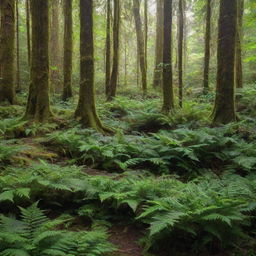 A vibrant and lush forest with sunlight filtering through dense canopies and dancing on the forest floor littered with vibrant green ferns