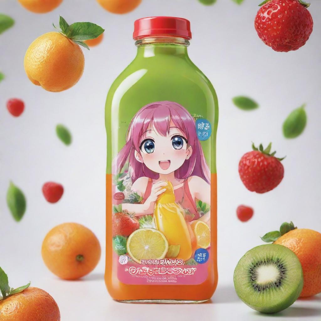 An anime-styled juice bottle advertisement, showcasing a vibrant, eye-catching bottle full of refreshing, delicious juice with engaging, playful anime characters.