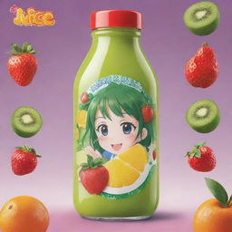 An anime-styled juice bottle advertisement, showcasing a vibrant, eye-catching bottle full of refreshing, delicious juice with engaging, playful anime characters.