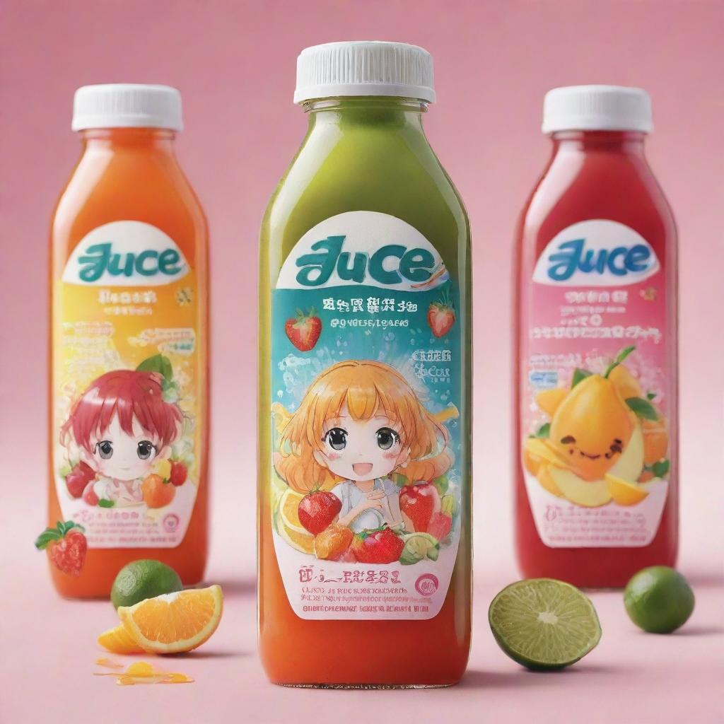 An anime-styled juice bottle advertisement, showcasing a vibrant, eye-catching bottle full of refreshing, delicious juice with engaging, playful anime characters.