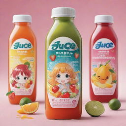 An anime-styled juice bottle advertisement, showcasing a vibrant, eye-catching bottle full of refreshing, delicious juice with engaging, playful anime characters.