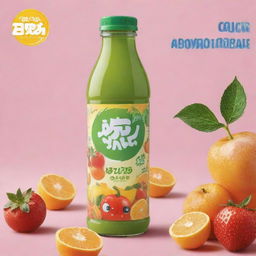 An anime-styled juice bottle advertisement, showcasing a vibrant, eye-catching bottle full of refreshing, delicious juice with engaging, playful anime characters.