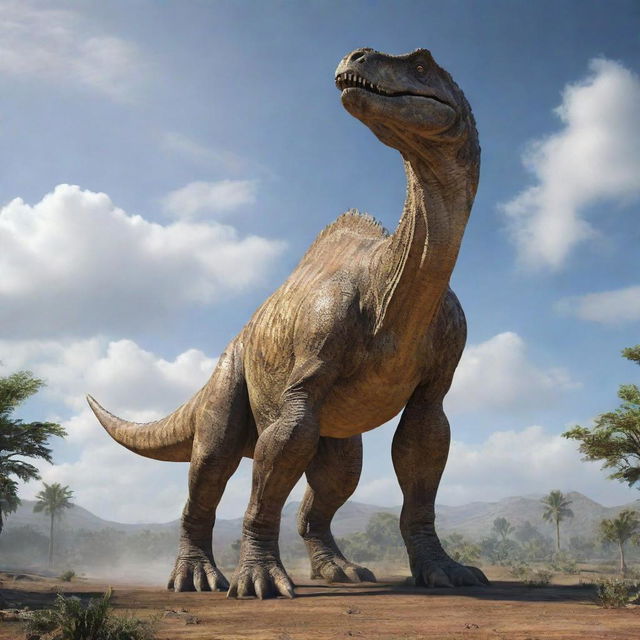 A majestic dinosaur of massive proportions, its size surpassing that of an entire planet.