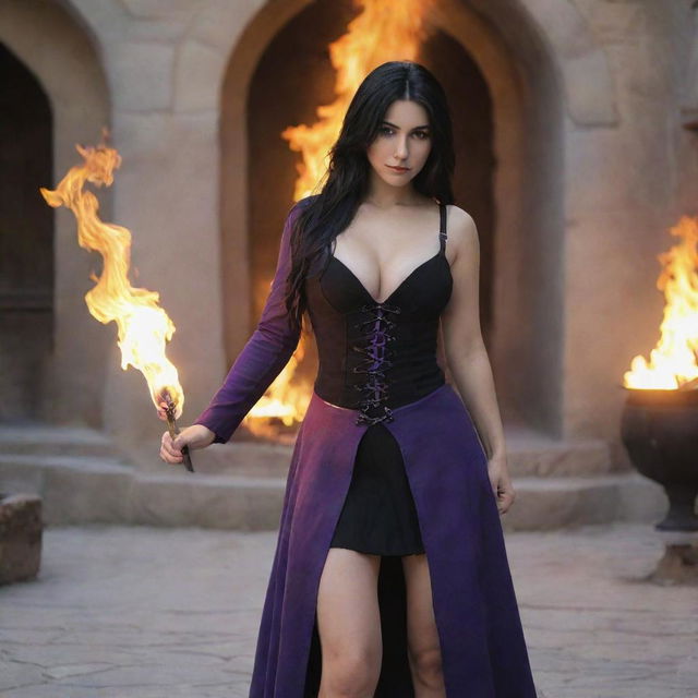 shote by sony alpha ii, medieval beatifull, bigb boobs, sexy full body, black hair girl with purple atacking with fire, 23 years old, she is a piro controler, black clothes, sexy, piromancer, in ocation place, charmOfTheRealm, hiper realist, high detailed,hd 4k