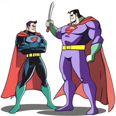 In the cartoon, the villain is depicted yielding up his weapon to the superhero.