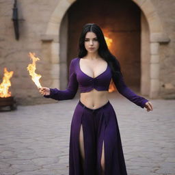 shote by sony alpha ii, medieval beatifull, bigb boobs, sexy full body, black hair girl with purple, girl atacking with fire, 23 years old, she is a piro controler, black clothes, sexy, piromancer, in ocation place, charmOfTheRealm, hiper realist, high detailed,hd 4k