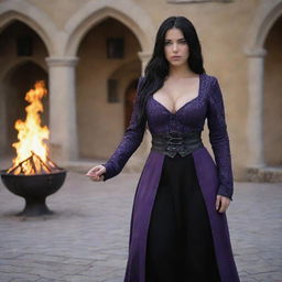 shote by sony alpha ii, medieval beatifull, bigb boobs, sexy full body, black hair girl with purple, girl atacking with fire, 23 years old, she is a piro controler, black clothes, sexy, piromancer, in ocation place, charmOfTheRealm, hiper realist, high detailed,hd 4k