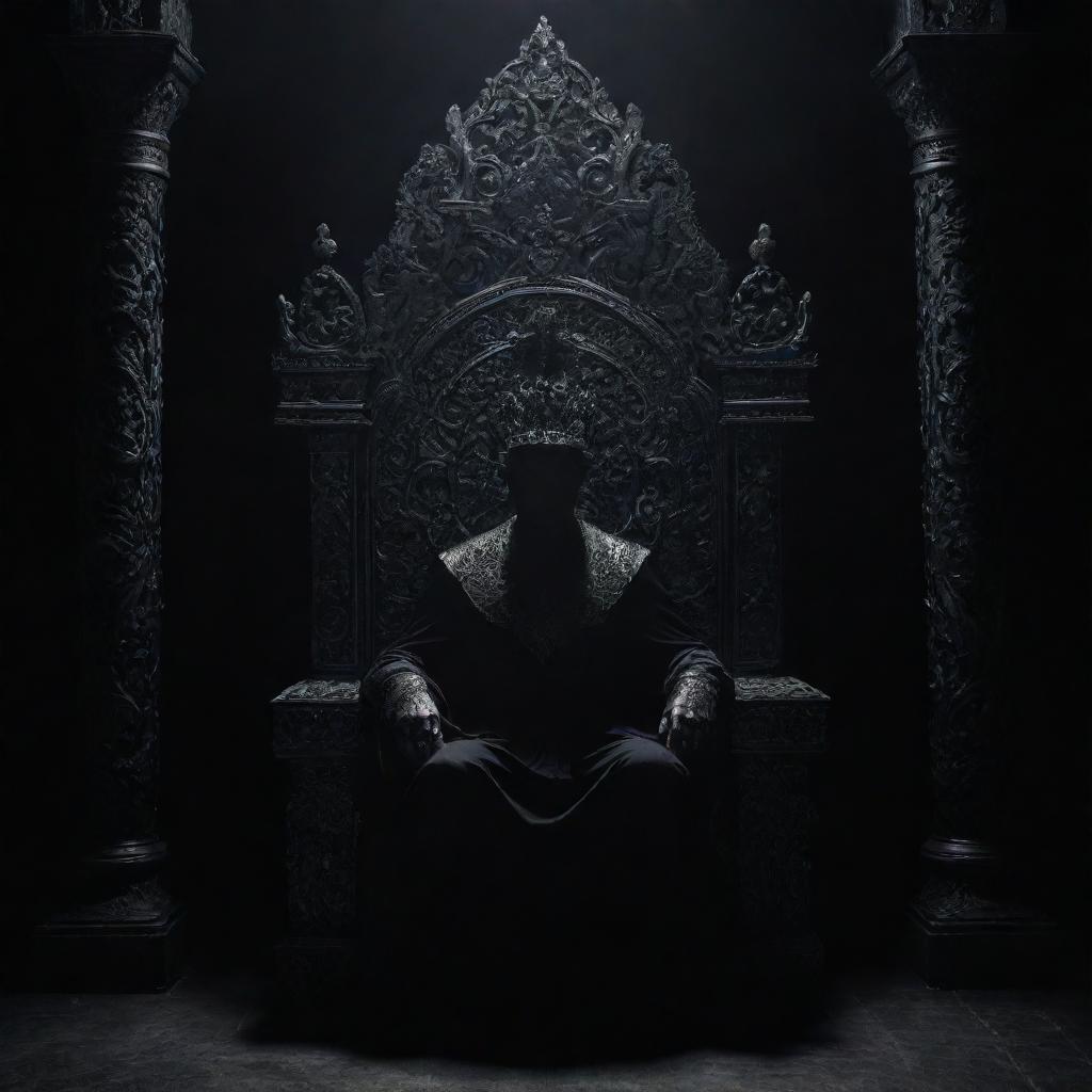 A shadowy figure sitting imposingly on an ornate throne, set against a foreboding, dark background.