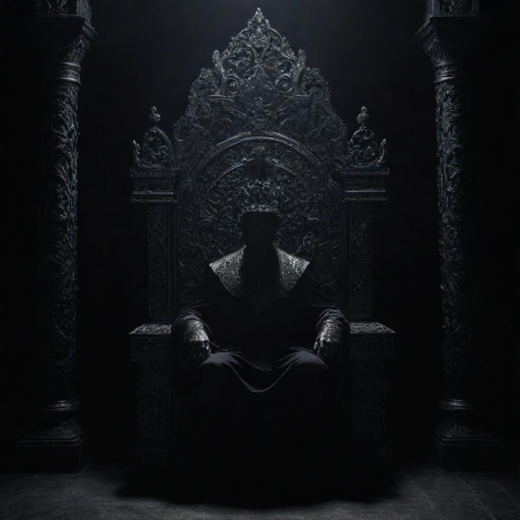 A shadowy figure sitting imposingly on an ornate throne, set against a foreboding, dark background.