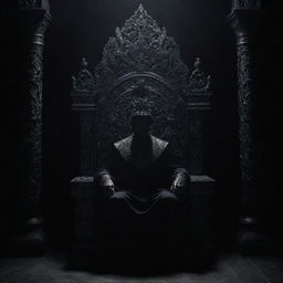 A shadowy figure sitting imposingly on an ornate throne, set against a foreboding, dark background.