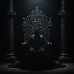 A shadowy figure sitting imposingly on an ornate throne, set against a foreboding, dark background.