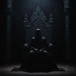 A shadowy figure sitting imposingly on an ornate throne, set against a foreboding, dark background.