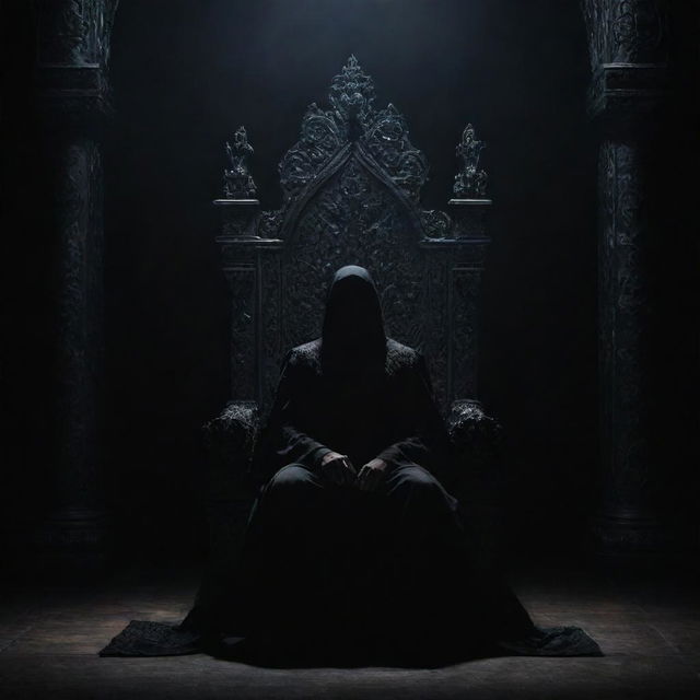 A shadowy figure sitting imposingly on an ornate throne, set against a foreboding, dark background.