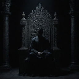 A shadowy figure sitting imposingly on an ornate throne, set against a foreboding, dark background.