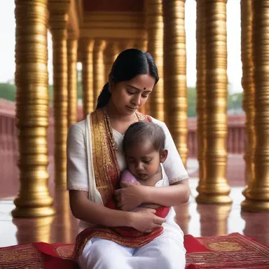 The mother cradled her child protectively as they worshipped at the temple.