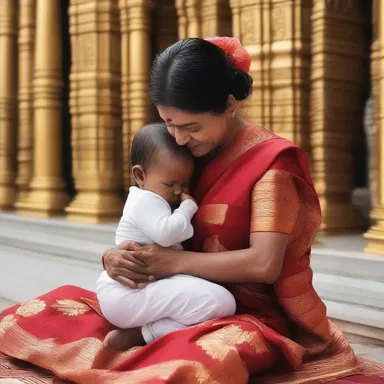 The mother cradled her child protectively as they worshipped at the temple.