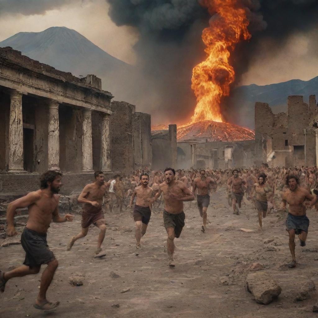 Historical scene of the Pompeii eruption, with terrified people running and falling amidst the chaos, with ashes and volcanic materials falling in the background