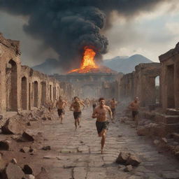 Historical scene of the Pompeii eruption, with terrified people running and falling amidst the chaos, with ashes and volcanic materials falling in the background