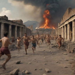 Historical scene of the Pompeii eruption, with terrified people running and falling amidst the chaos, with ashes and volcanic materials falling in the background