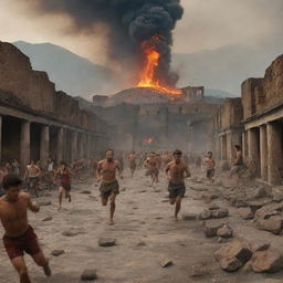 Historical scene of the Pompeii eruption, with terrified people running and falling amidst the chaos, with ashes and volcanic materials falling in the background