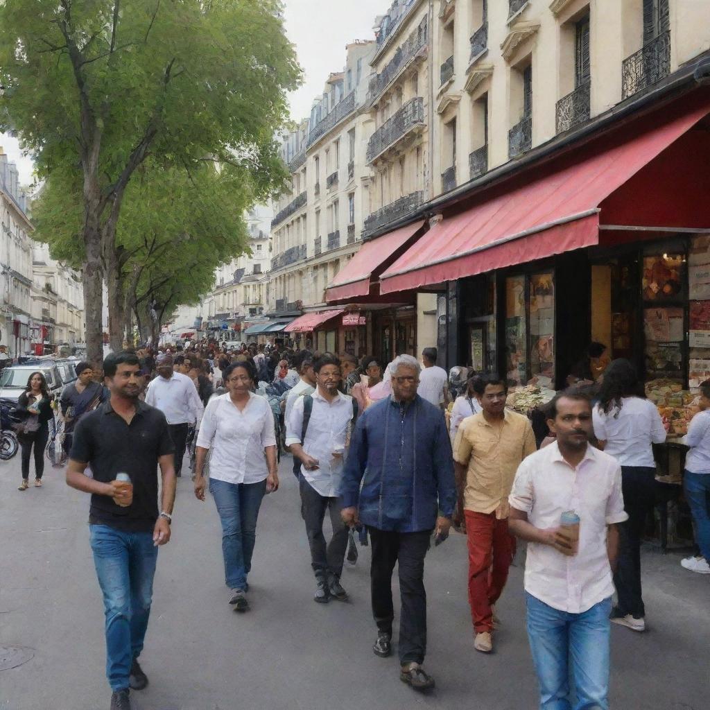 Tamil community experiencing the culture of Paris. People walking around famous Parisian landmarks, enjoying coffee at street-side cafes and admiring the city's art and architecture.