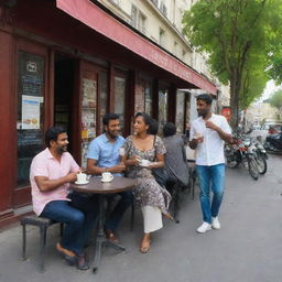 Tamil community experiencing the culture of Paris. People walking around famous Parisian landmarks, enjoying coffee at street-side cafes and admiring the city's art and architecture.