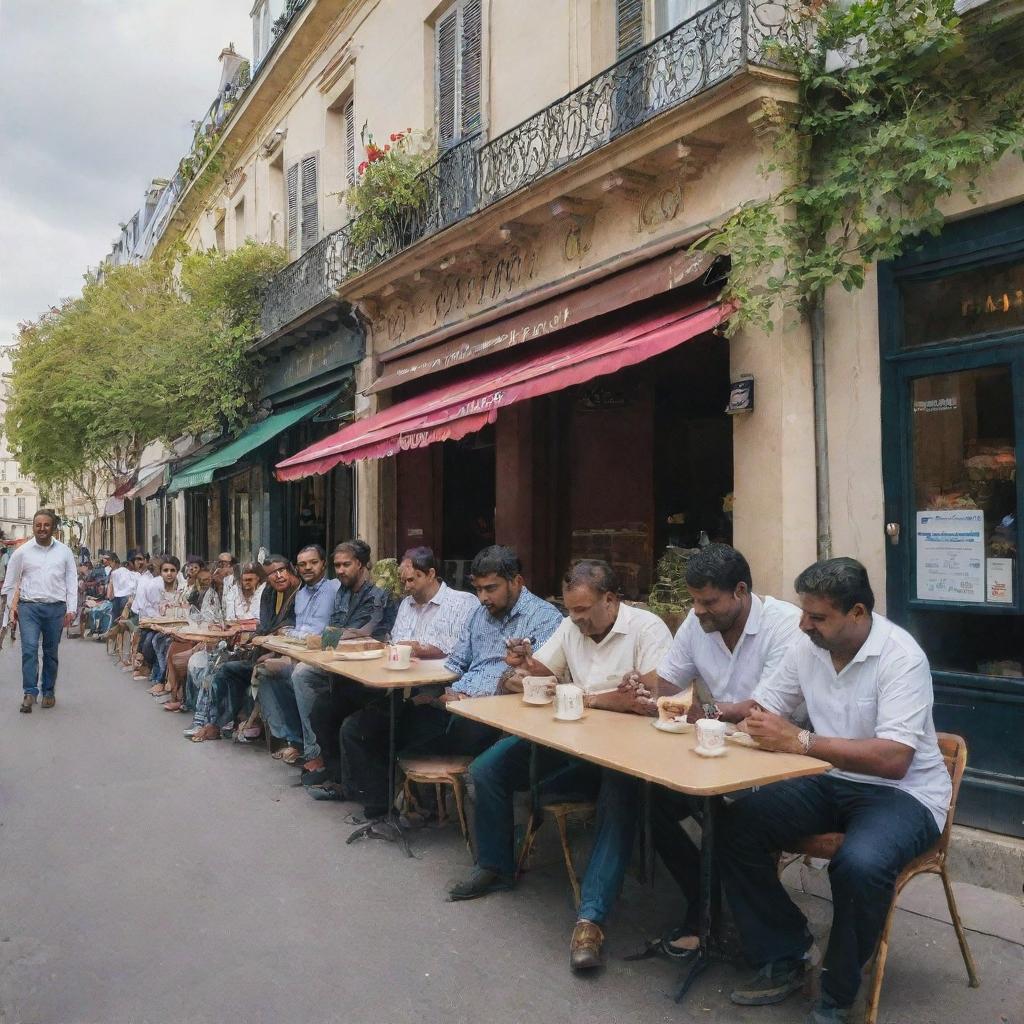 Tamil community experiencing the culture of Paris. People walking around famous Parisian landmarks, enjoying coffee at street-side cafes and admiring the city's art and architecture.