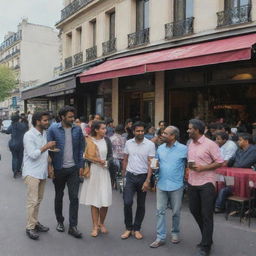 Tamil community experiencing the culture of Paris. People walking around famous Parisian landmarks, enjoying coffee at street-side cafes and admiring the city's art and architecture.