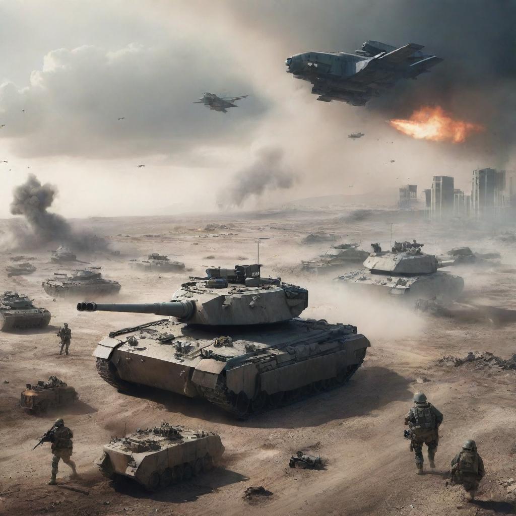 Imaginary scenario of a World War 3 battlefield with futuristic tanks, aircraft, and soldiers engaged in a battle, amidst a desolated urban landscape.