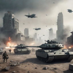 Imaginary scenario of a World War 3 battlefield with futuristic tanks, aircraft, and soldiers engaged in a battle, amidst a desolated urban landscape.