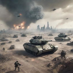 Imaginary scenario of a World War 3 battlefield with futuristic tanks, aircraft, and soldiers engaged in a battle, amidst a desolated urban landscape.