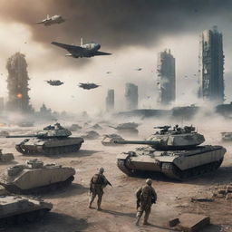 Imaginary scenario of a World War 3 battlefield with futuristic tanks, aircraft, and soldiers engaged in a battle, amidst a desolated urban landscape.