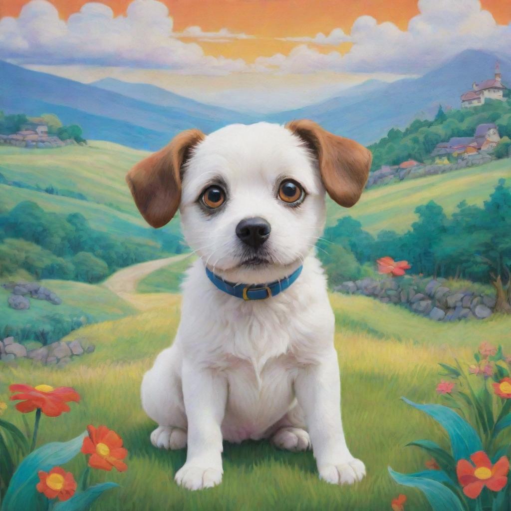 A whimsical dog in Studio Ghibli style, featuring wide, sparkling eyes and an expressive face, set in a picturesque landscape filled with vibrant colors.