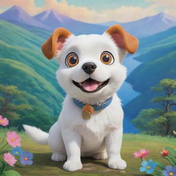 A whimsical dog in Studio Ghibli style, featuring wide, sparkling eyes and an expressive face, set in a picturesque landscape filled with vibrant colors.