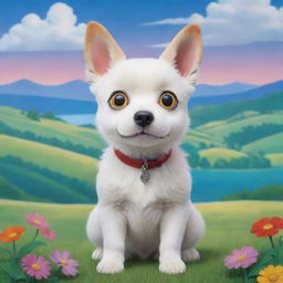 A whimsical dog in Studio Ghibli style, featuring wide, sparkling eyes and an expressive face, set in a picturesque landscape filled with vibrant colors.