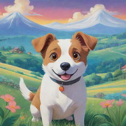 A whimsical dog in Studio Ghibli style, featuring wide, sparkling eyes and an expressive face, set in a picturesque landscape filled with vibrant colors.