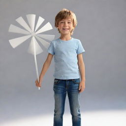 Generate a 3D representation of a cheerful young boy in casual clothing, standing in a playful pose with a fan of sunlight behind him.