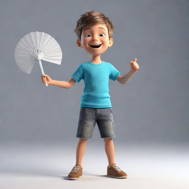 Generate a 3D representation of a cheerful young boy in casual clothing, standing in a playful pose with a fan of sunlight behind him.