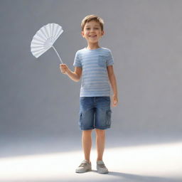 Generate a 3D representation of a cheerful young boy in casual clothing, standing in a playful pose with a fan of sunlight behind him.