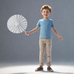 Generate a 3D representation of a cheerful young boy in casual clothing, standing in a playful pose with a fan of sunlight behind him.