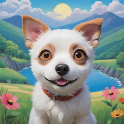 A whimsical dog in Studio Ghibli style, featuring wide, sparkling eyes and an expressive face, set in a picturesque landscape filled with vibrant colors.