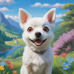 A whimsical dog in Studio Ghibli style, featuring wide, sparkling eyes and an expressive face, set in a picturesque landscape filled with vibrant colors.