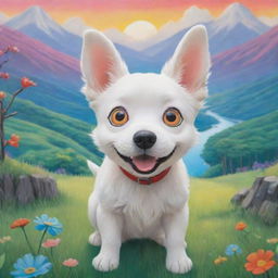 A whimsical dog in Studio Ghibli style, featuring wide, sparkling eyes and an expressive face, set in a picturesque landscape filled with vibrant colors.