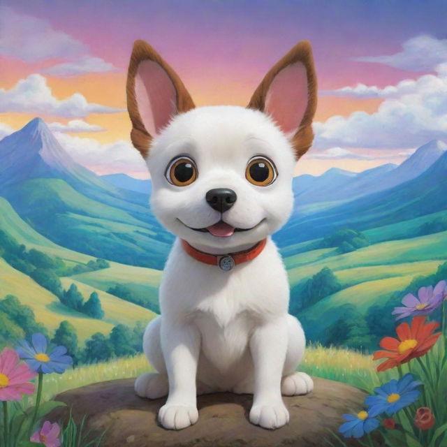 A whimsical dog in Studio Ghibli style, featuring wide, sparkling eyes and an expressive face, set in a picturesque landscape filled with vibrant colors.