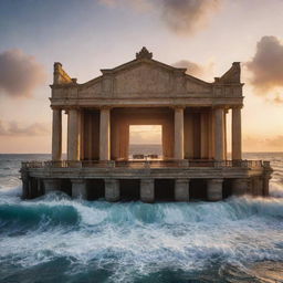 An impressive movie theatre built on a platform in the middle of the sea, with waves crashing against its pillars, and a sunset backdrop providing a dramatic effect.