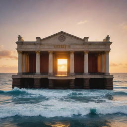 An impressive movie theatre built on a platform in the middle of the sea, with waves crashing against its pillars, and a sunset backdrop providing a dramatic effect.