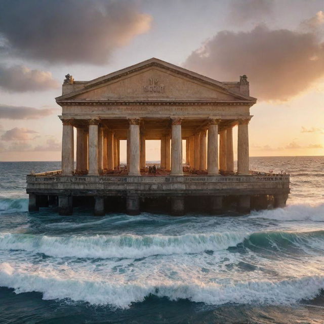 An impressive movie theatre built on a platform in the middle of the sea, with waves crashing against its pillars, and a sunset backdrop providing a dramatic effect.