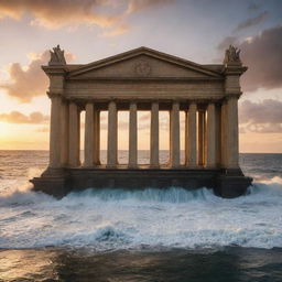 An impressive movie theatre built on a platform in the middle of the sea, with waves crashing against its pillars, and a sunset backdrop providing a dramatic effect.