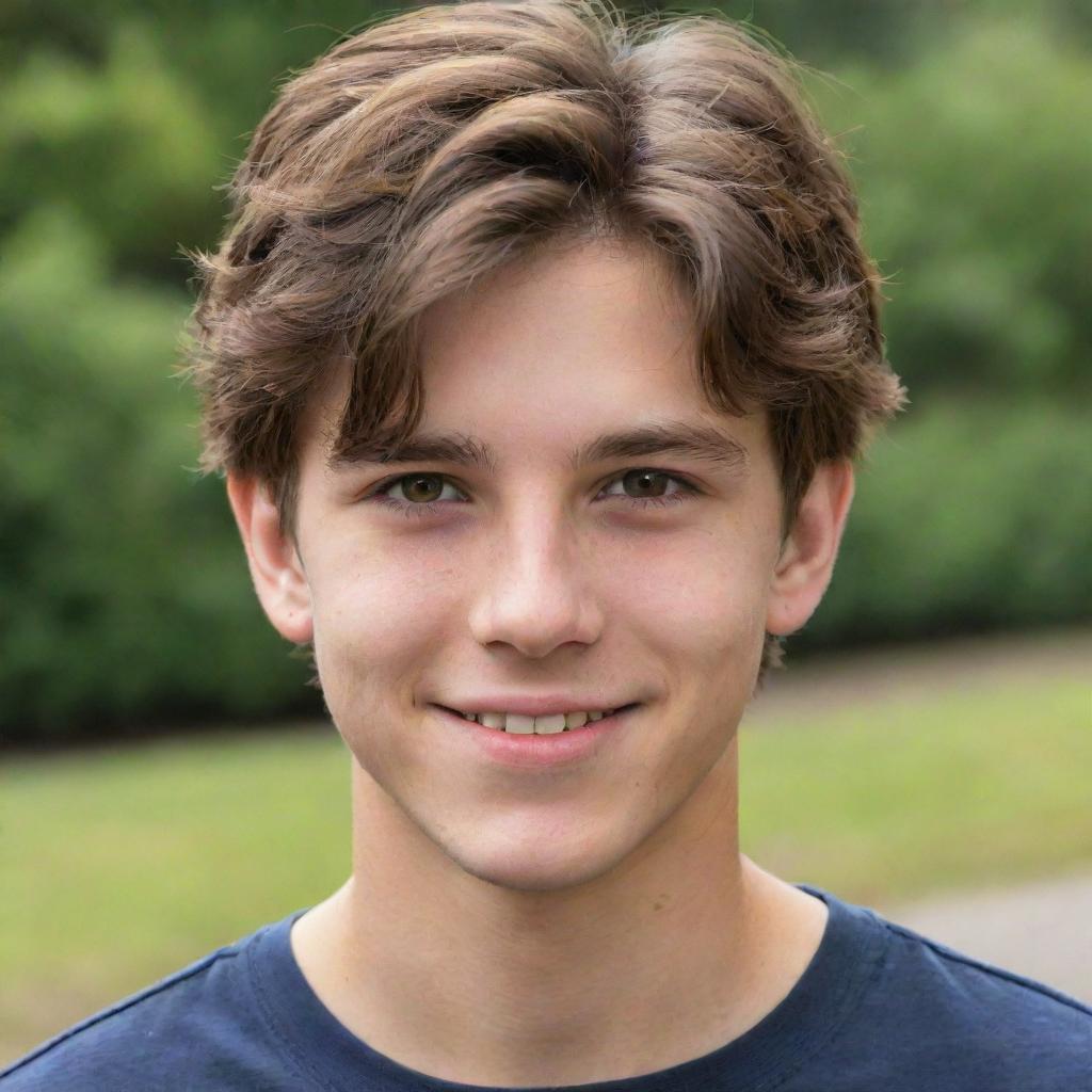 A handsome, 18-year-old teenager with brown hair and youthful features