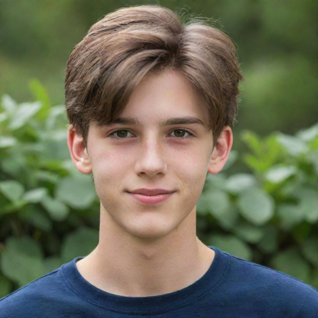 A handsome, 18-year-old teenager with brown hair and youthful features